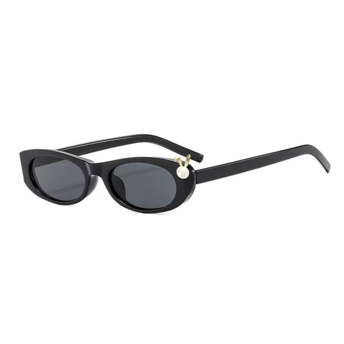 Black sunglasses with a small round with pearl bunny & gold ears charm
