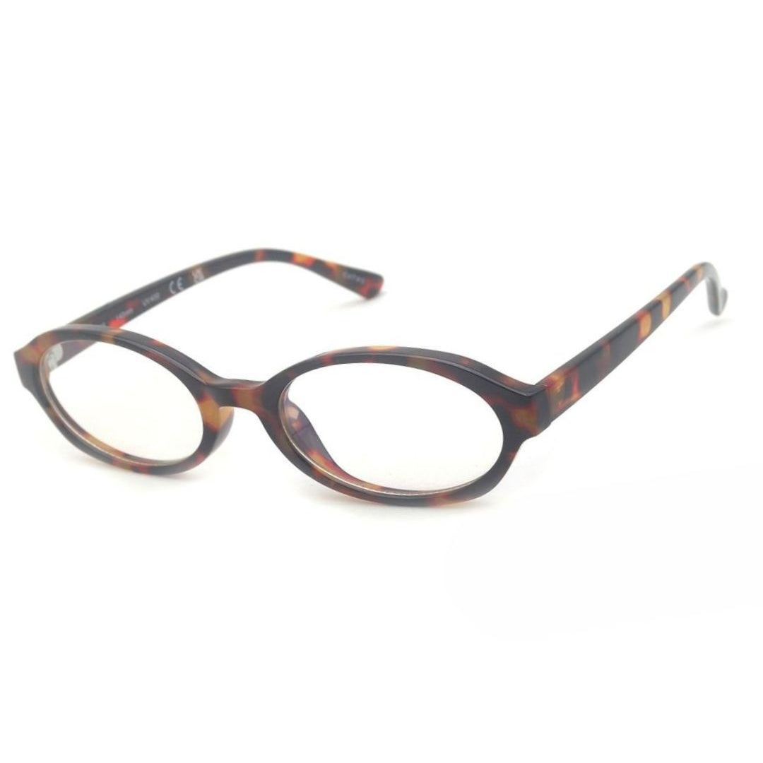 A pair of round frame blue light blocking glasses with a tort frame.