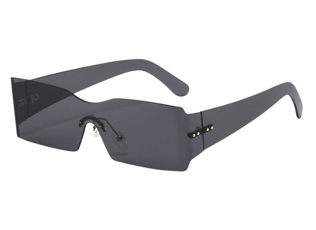 A pair of black sunglasses with a unique, wide frame design.