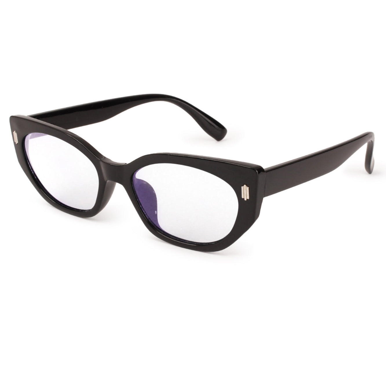  A sharp black cat eye blue light  frame with attitude. 
