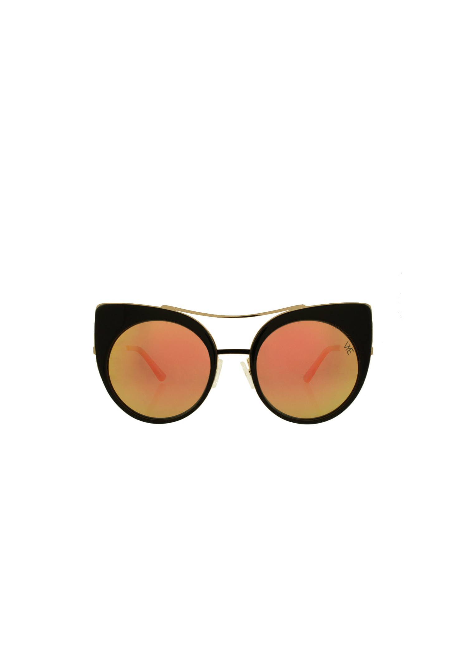 PERFECTION sunglasses with black square acetate frame, rose gold accents, and cherry powder mirror polarized lenses, offering 100% UV protection.