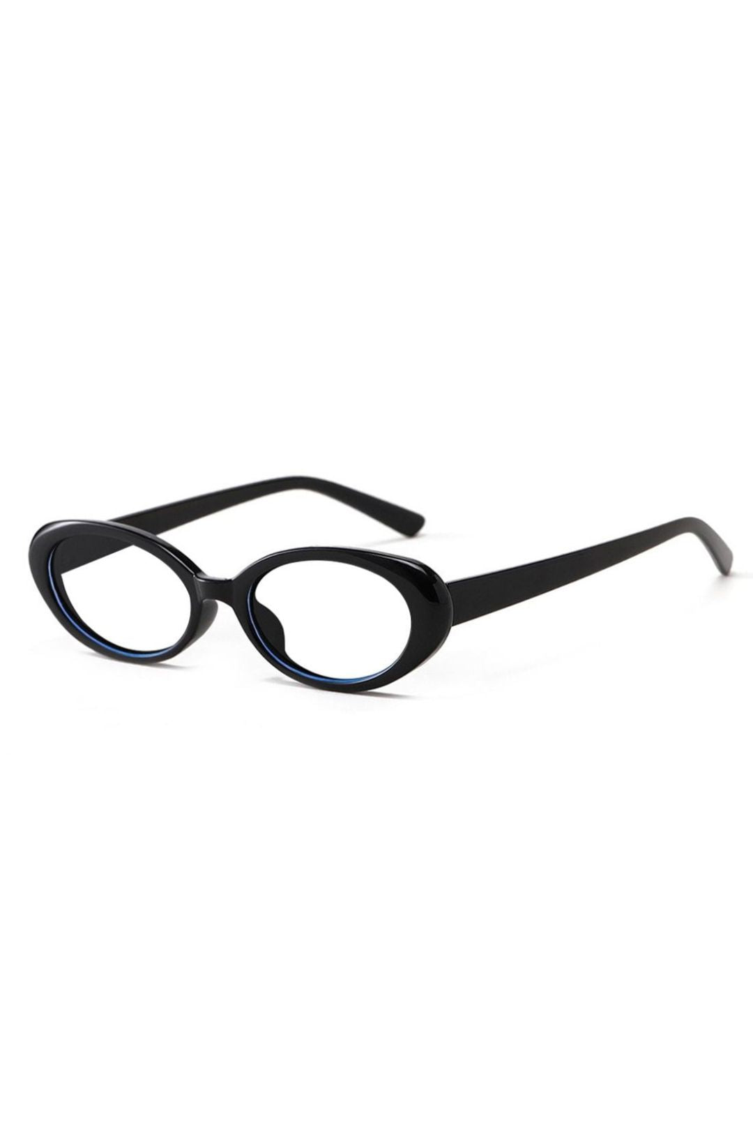 A pair of round frame black with blue light protective lenses.
