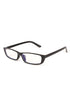 A pair of square-framed eyeglasses with black temples and clear lenses.